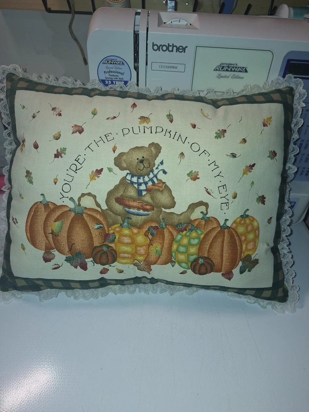 Brother Home Holiday Pumpkin Bear Throw Pillow - Cream, Orange, Green, Brown